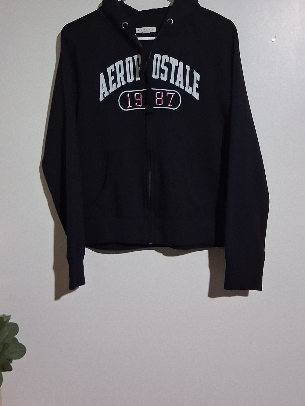 Aeropostale Black Zip-Up Hoodie with White and Pink Logo